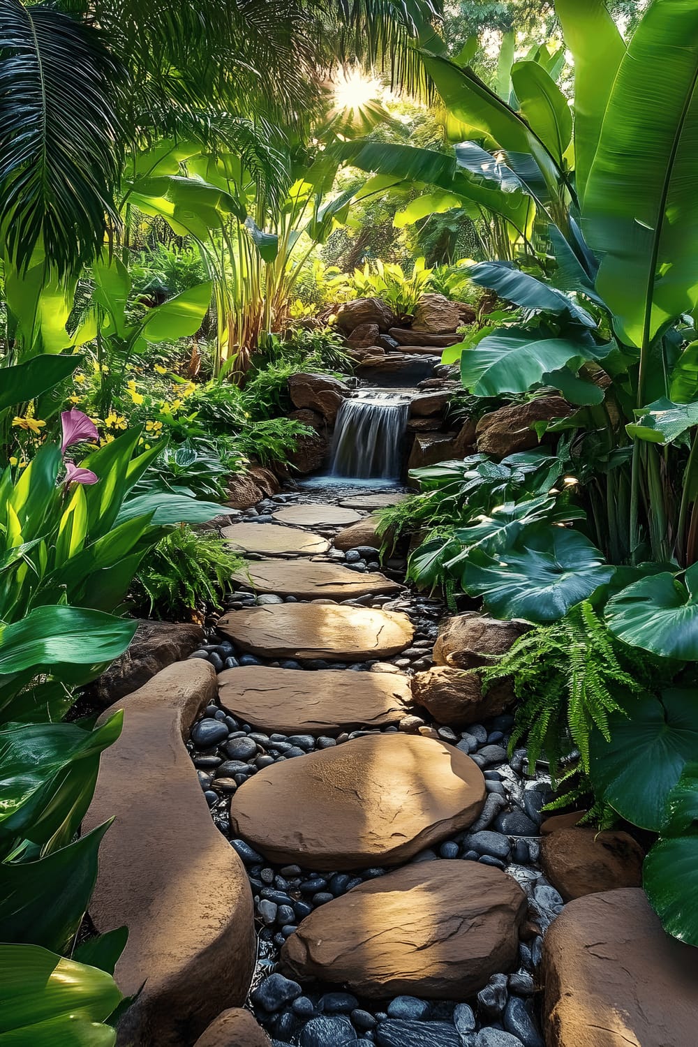 A verdant, tropical garden enriched with various green plants including ferns and banana trees. A winding pathway made of river rocks meanders towards a charming, stone-lined waterfall. The sun's rays penetrate through the dense foliage, casting speckled light on the pathway and water, enhancing the serenity of the scene.