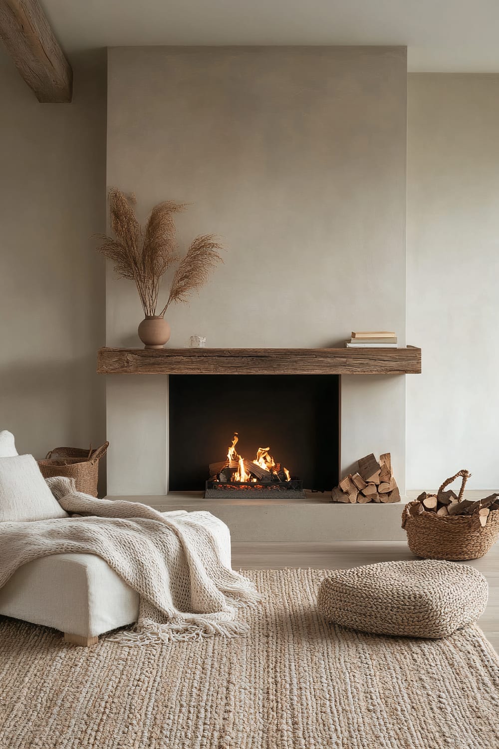 A minimalist living room features a central fireplace with a rustic wooden mantle. A stack of firewood and a basket are set beside the fireplace, while above it, a vase with tall dried grasses and a few books are placed. The room is decorated with a soft, thick knitted blanket on a light-colored sofa, and a textured jute rug covers the floor with a knitted pouf.