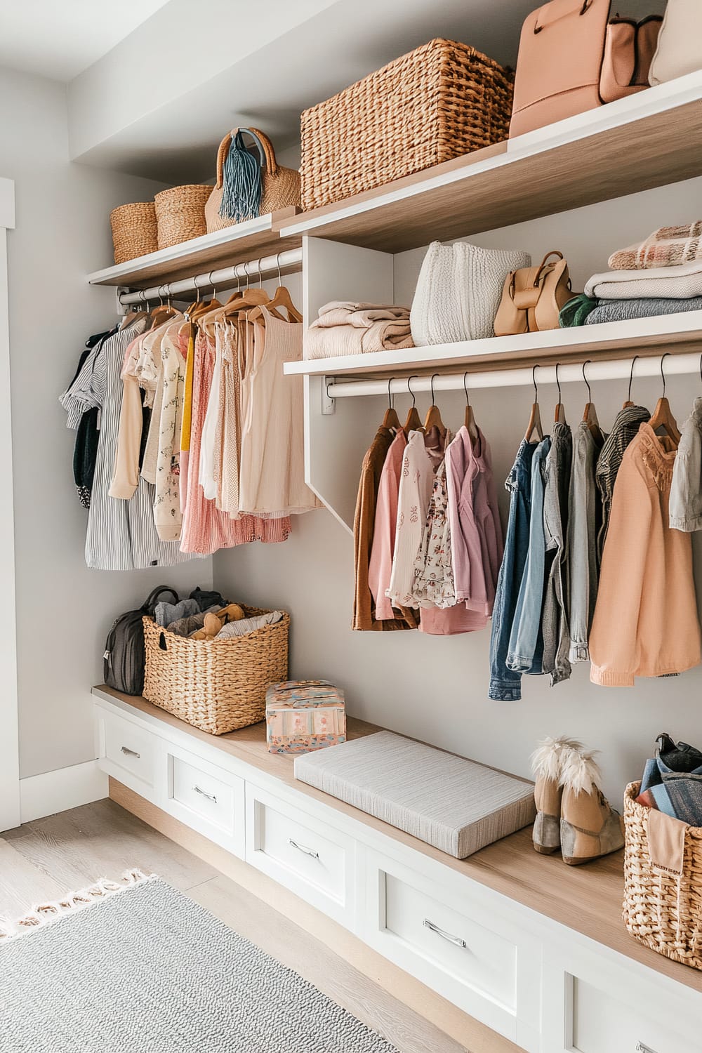 A gender-neutral pre-teen closet featuring soft wood tones, white shelving, and neutral-colored storage bins and baskets. Mid-height rods hold hanging clothing, and items like backpacks and shoes are stored in woven baskets. There is a cushioned bench for seating, extra storage below, and a soft gray rug on the floor.