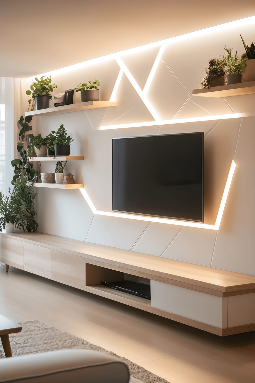 A sleek TV wall featuring a matte white backdrop with subtle geometric patterns. The area is highlighted by soft recessed lighting, with natural wood floating shelves on either side, adorned with minimalist decor items such as small plants and monochrome vases. The overall ambiance is calm and sophisticated, allowing the flat-screen TV to remain the central point of focus.