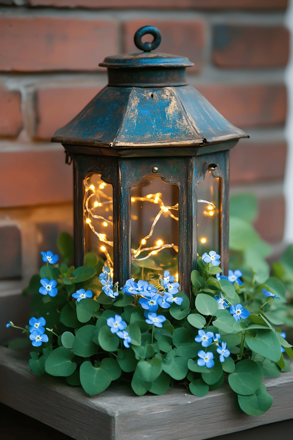 A repurposed vintage lantern adorned with ivy and forget-me-nots, converted into a unique planter, with soft tiny gold fairy lights radiating light from within, creating a scene of enchantment and whimsy.