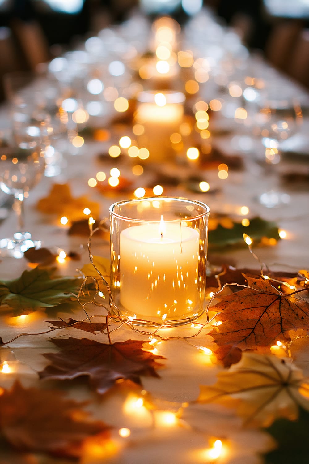 A decorative arrangement featuring a central white candle in a clear glass holder, surrounded by fall leaves and small twinkling string lights. The setup creates a warm and luminous glow, suitable for an autumn-themed centerpiece.