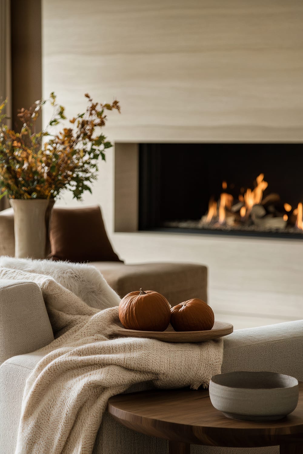 An inviting living room with a modern fireplace. The room features a beige woven throw blanket and two small pumpkins on a light-colored couch. Adjacent to the couch is a round wooden coffee table with a ceramic bowl. In the background, a large vase holds a bouquet of autumn branches and leaves, matching the fall theme.