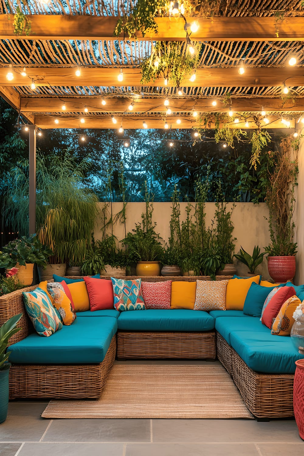 A large patio design featuring a warm-toned rattan sectional sofa filled with vibrant teal, coral, and mustard yellow cushions. Overhead, a handcrafted macramé canopy provides shade, and colorful ceramic planters with trailing ivy are scattered about, adding natural elements. Across the top, soft string lights create a diffused golden glow, creating an inviting atmosphere as dusk settles in.