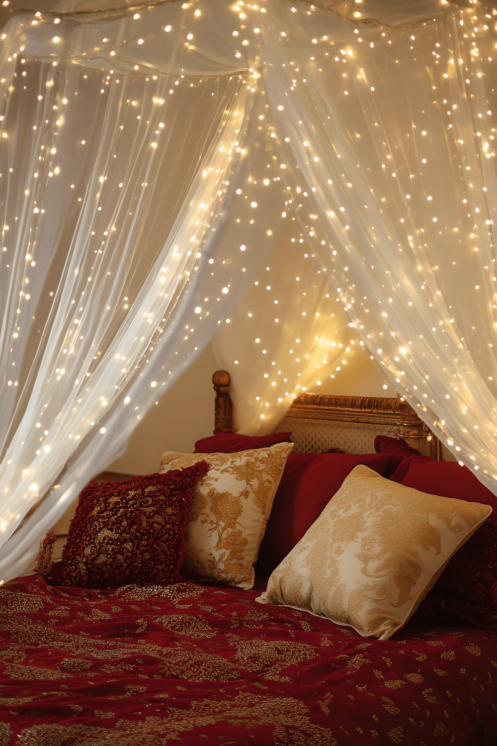 A romantic bedroom scene showcasing a luxurious canopy bed encased in flowing white sheer curtains, adorned with rich red and gold linens and a multitude of plush pillows. The bed is softly illuminated by twinkling fairy lights woven through the canopy, providing an enchanting glow to the intimate space.