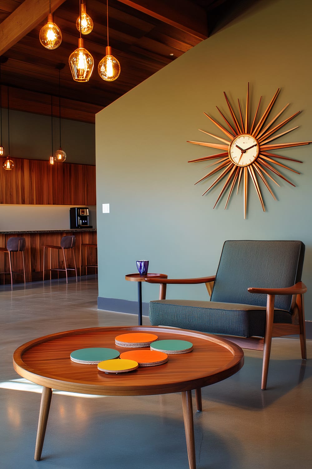 A mid-century modern pole barn loft featuring a sleek teak lounge chair, a circular wooden coffee table with three vibrant coasters, a retro sunburst clock on the wall, and two hanging pendant lights. The space is well lit with natural lighting and has minimalistic decor with bold warm tones.