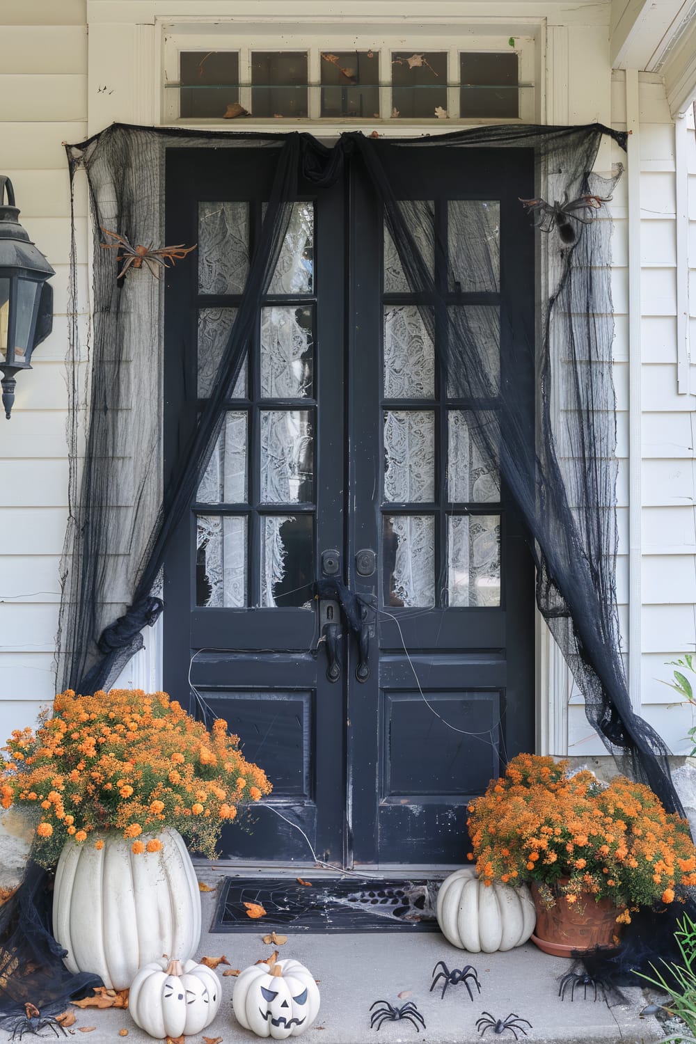 Front porch decorated for Halloween with black French doors, sheer black cloth draped around the glass and doorframe, and lace curtains behind the glass. There are large orange potted mums on either side of the doorway, with a mix of decor including small white pumpkins with painted faces, artificial spiders, a large faux spider on the wall, and faux spider webs.