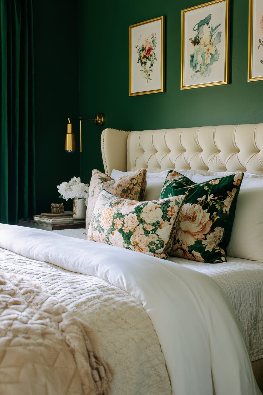 Elegantly designed bedroom featuring a deep green color palette. The room showcases an upholstered, tufted cream headboard against a rich green wall. Three floral paintings in gold frames are aligned above the headboard. The bed is adorned with floral-patterned cushions in green and beige, complemented by a neatly arranged white and beige comforter. A side table holds stacked books and a vase with white flowers. A brass wall-mounted lamp hangs beside the bed.