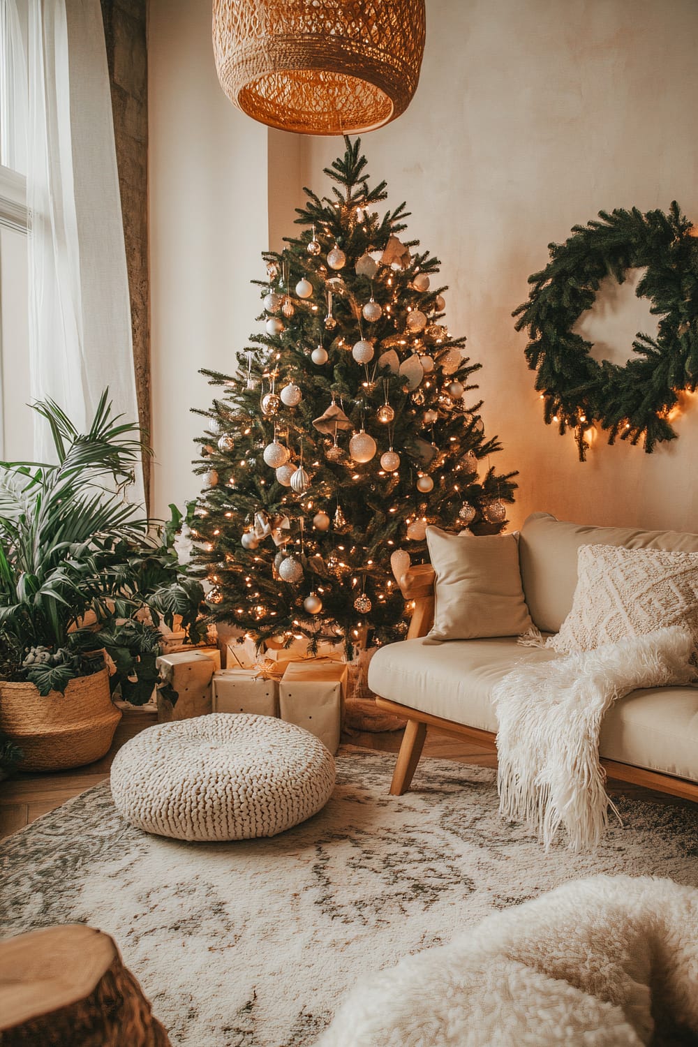 An elegantly decorated living room features a Christmas tree adorned with white and silver ornaments and fairy lights. Wrapped presents are placed under the tree. The room has a beige sofa draped with a cream blanket and textured pillows, a woven pouf, and a light-colored, patterned rug. A woven hanging light fixture, plants in woven baskets, and a large green wreath on the wall complete the scene, creating a cozy, festive ambiance.