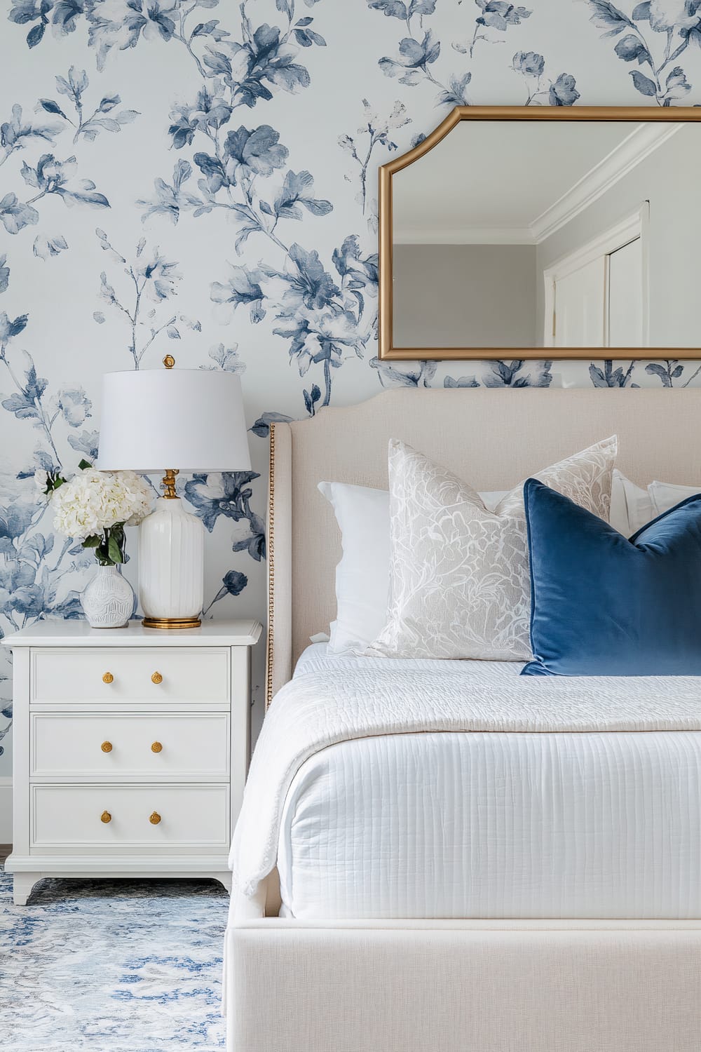 A bedroom interior features a white bedside table adorned with a white, gold-accented lamp, and white flowers in a white vase. The headboard is beige, and the bedding includes white and blue accent pillows. A wall-mounted, gold-framed mirror, along with blue floral wallpaper and a blue-patterned rug, completes the elegant decor.