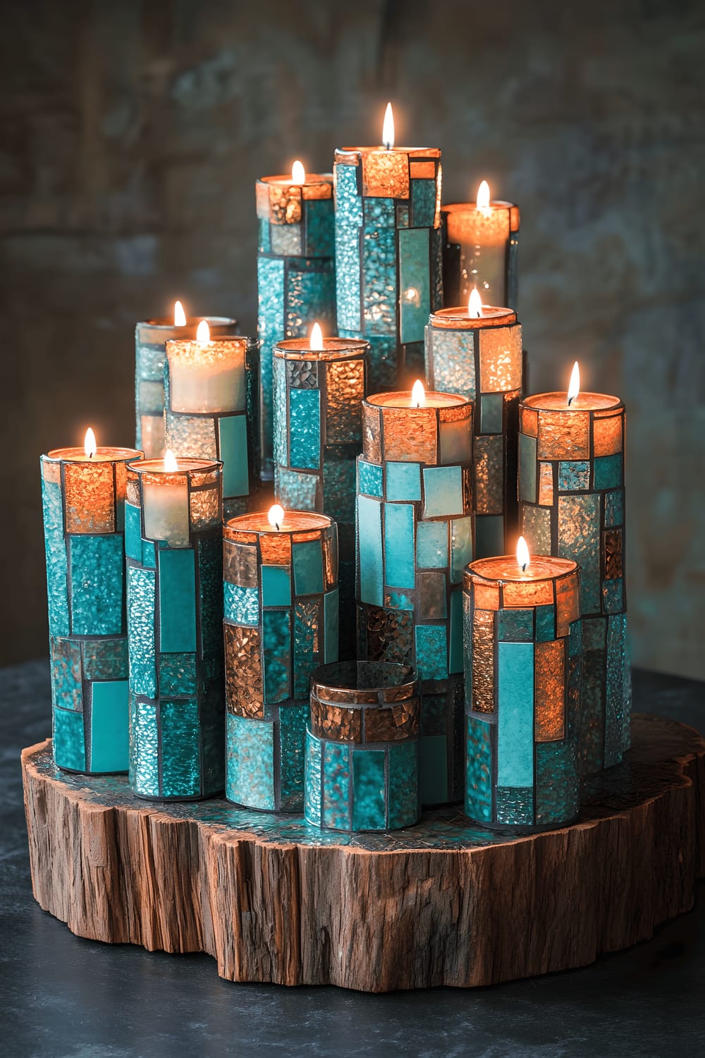 A beautiful dining room table setup featuring a striking centerpiece composed of teal candles in a turquoise and pewter mosaic pattern. The candles are arranged sequentially on a repurposed wooden base, set against a slate grey table. Soft ambient light casts shadows and highlights the detailed mosaic design. The overall setting is a minimalist dining room with the centerpiece as the primary focus.