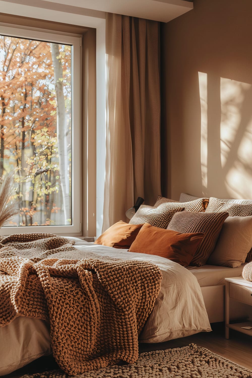 An inviting bedroom features a large window with a view of autumn foliage, allowing warm sunlight to fill the room. The bed is adorned with a thick, chunky knit blanket in a neutral brown color, and several pillows in hues of burnt orange and beige. Beige curtains frame the window, and a small bedside table holds a lamp and a woven basket.