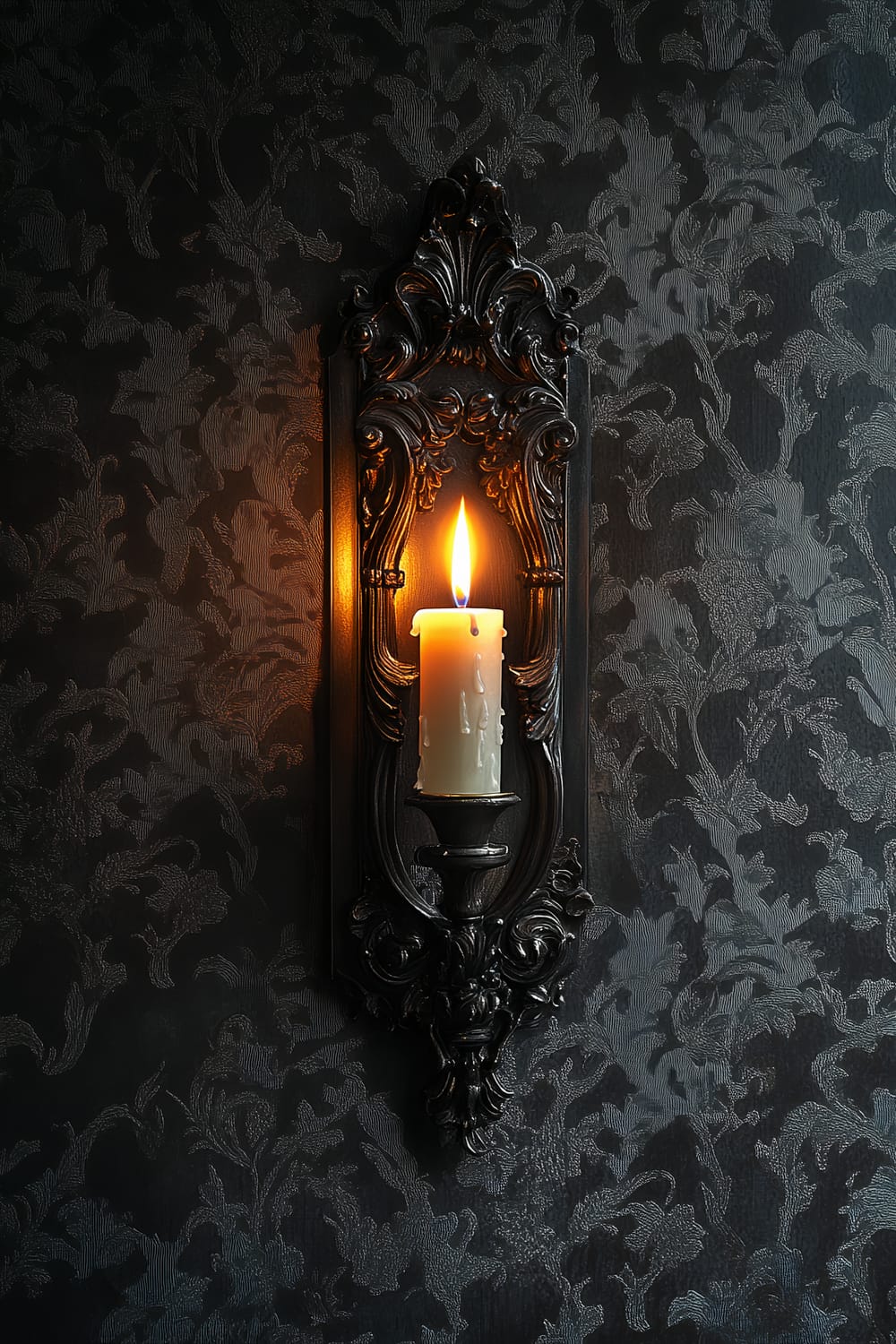 A closeup of an ornate, black wall sconce holding a white candle with an eerie, glowing flame. The sconce is intricately designed and mounted on a wall covered with rich dark wallpaper featuring a subtle floral pattern. The candlelight casts dramatic shadows, enhancing the luxurious and moody ambiance of the setting.