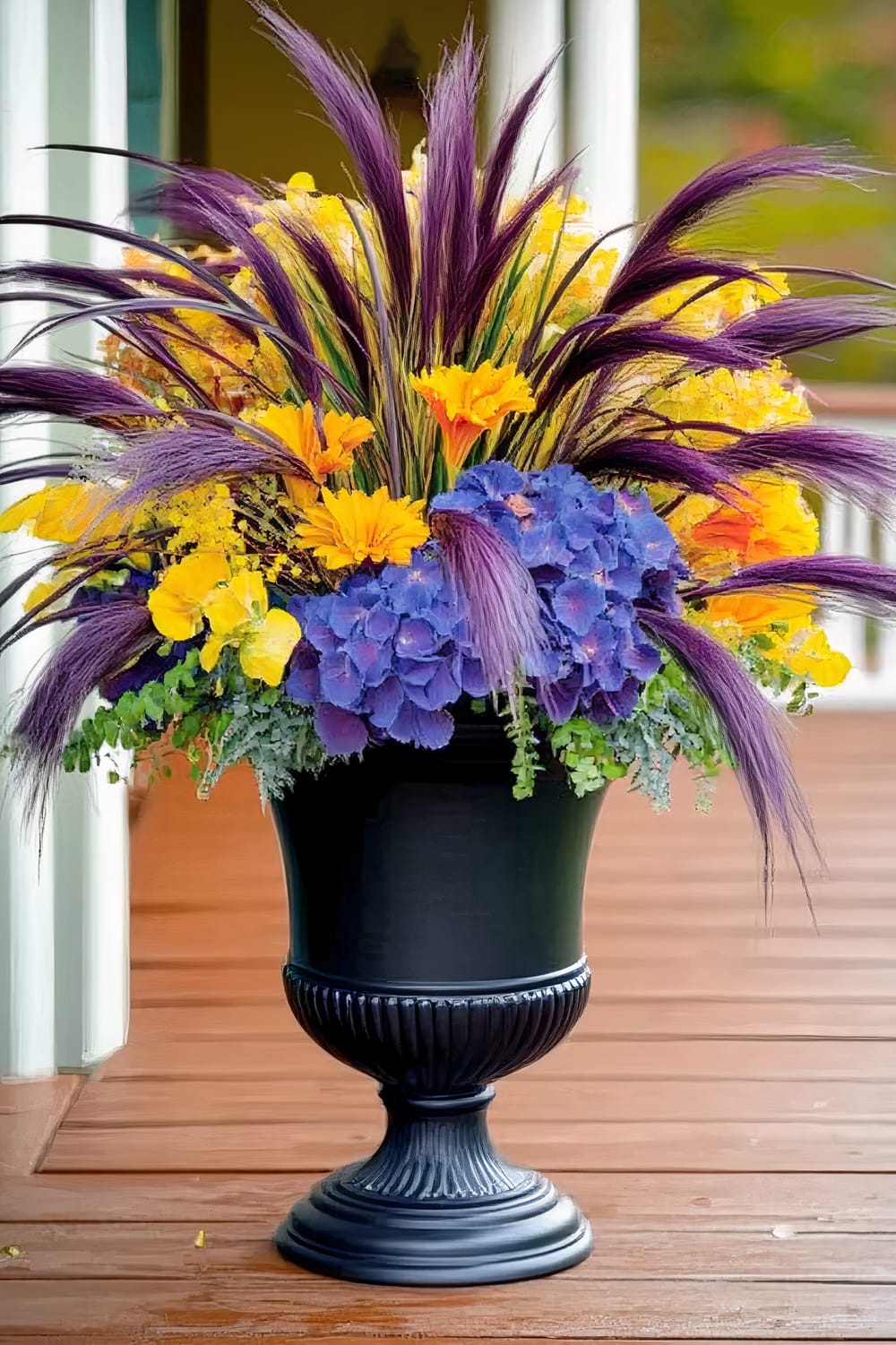 A large, ornate planter filled with vibrant flowers and foliage. The arrangement features long, slender purple grasses arching outward from the center. Surrounding the grasses are bright yellow flowers interspersed with deep purple-blue blossoms. The planter itself is a black pedestal-style with intricate detailing, placed on a wooden deck with a white-framed glass door in the background.