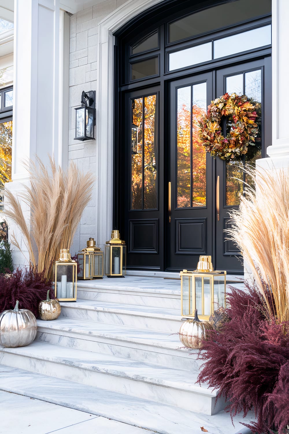 A front entrance with elegant decor that exudes an autumnal theme. The entrance features a black double door with glass panels, adorned with a fall-themed wreath made of colorful leaves. The stairs leading up to the door are polished white marble. On either side of the steps are golden lanterns with white candles inside. Decorative elements include clusters of pampas grass, burgundy foliage, and metallic silver pumpkins placed strategically to enhance the seasonal ambiance.