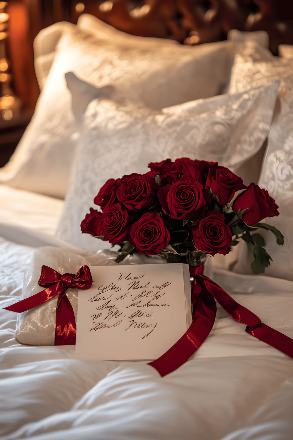 A sumptuous king-sized bed set in a dimly lit room. The bed is made with a plush, white velvet duvet and an array of soft, white silk pillows. An elegant love letter, tied with a deep red ribbon, rests atop one of the pillows. Surrounding the letter is a small collection of fresh red roses within a clear glass vase. The surrounding lantern light sheds a warm glow on the scene, infusing the environment with a sense of intimacy and romance.