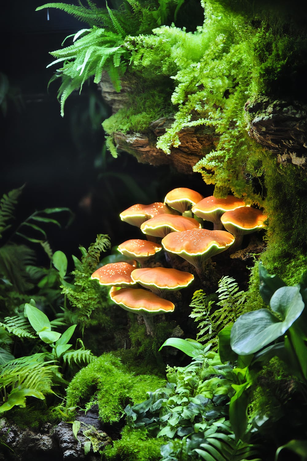 An image of an indoor terrarium featuring illuminated orange mushrooms and lush green ferns and moss.