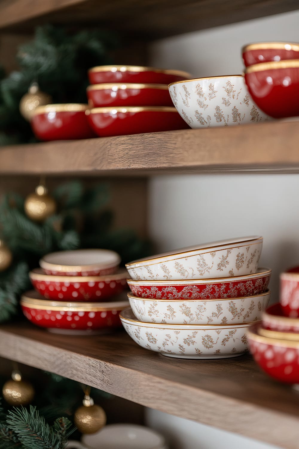 A close-up of farmhouse-style open shelves in a kitchen displaying vintage red and white ceramic dishware with gold trim. The shelves hold neatly stacked plates, bowls, and mugs, with some featuring minimalistic holiday patterns. Sprigs of evergreen and small gold ornaments add festive decoration. The light wood shelves are accented by dramatic side lighting casting soft shadows, creating a warm and inviting atmosphere.