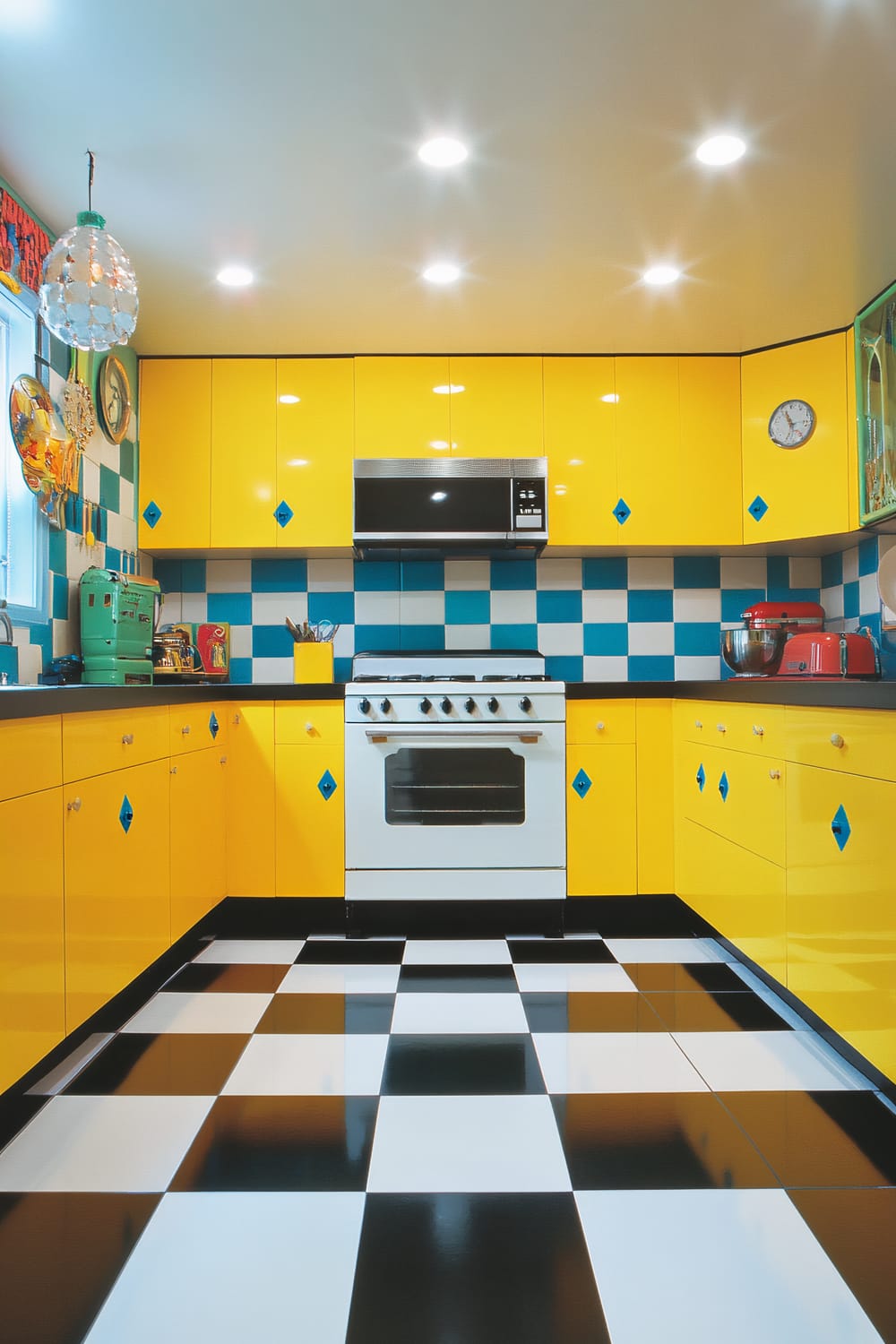 A kitchen with a black and white checkerboard tiled floor, bright yellow cabinets, and colorful blue and white checkered backsplash. The cabinets feature blue diamond-shaped accents, and there is a white stove with black and silver details. Green and red vintage appliances and kitchenware are placed on the countertops.