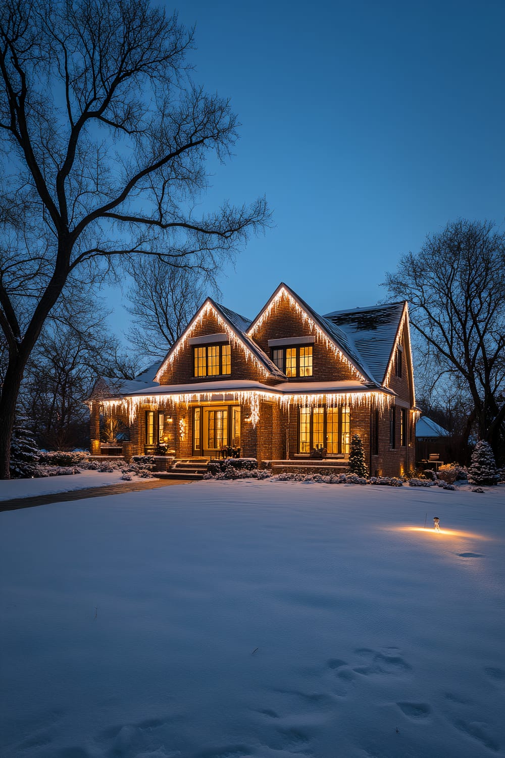 A two-story brick house is beautifully lit with warm white string lights hung along the roofline and around the windows. The house is surrounded by snow-covered ground and bare trees. The soft glow from the house's interior windows creates a warm contrast against the twilight sky. A small, lit pathway light is visible in the snowy yard.