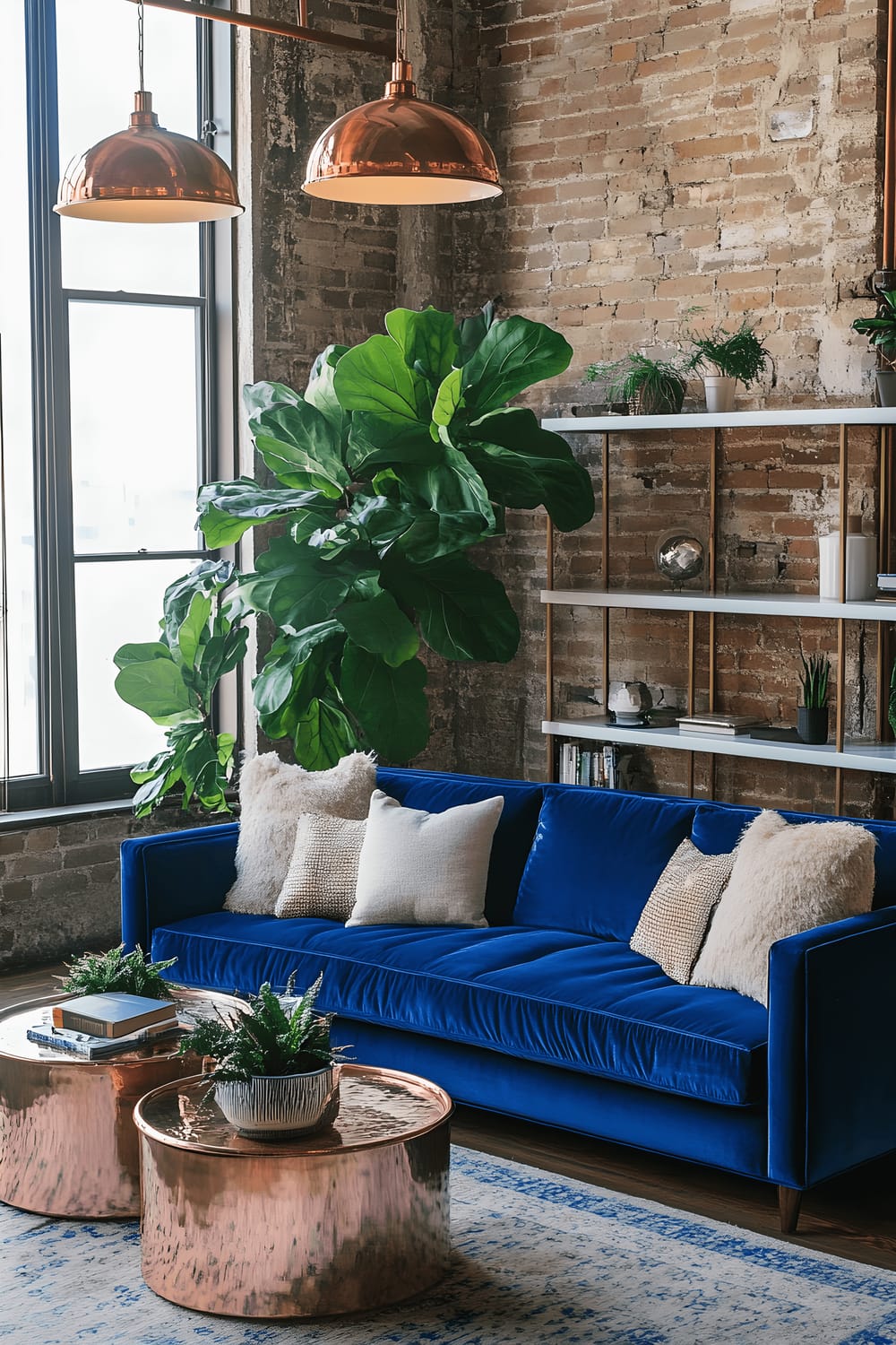 A modern living room with industrial influences, particularly highlighted by an exposed brick wall and copper pendant lights. A luxurious cobalt blue velvet sofa is the centerpiece of the room, accented with a pair of copper coffee tables in front. White sleek shelving units line the room, filled with varied decor. Large geometric copper planters housing fiddle leaf figs are placed strategically, adding greenery to the space. Sunlight streams in from large windows, casting a pleasing glow and accentuating the deep blue of the sofa against the stark white and rustic brick backdrop.