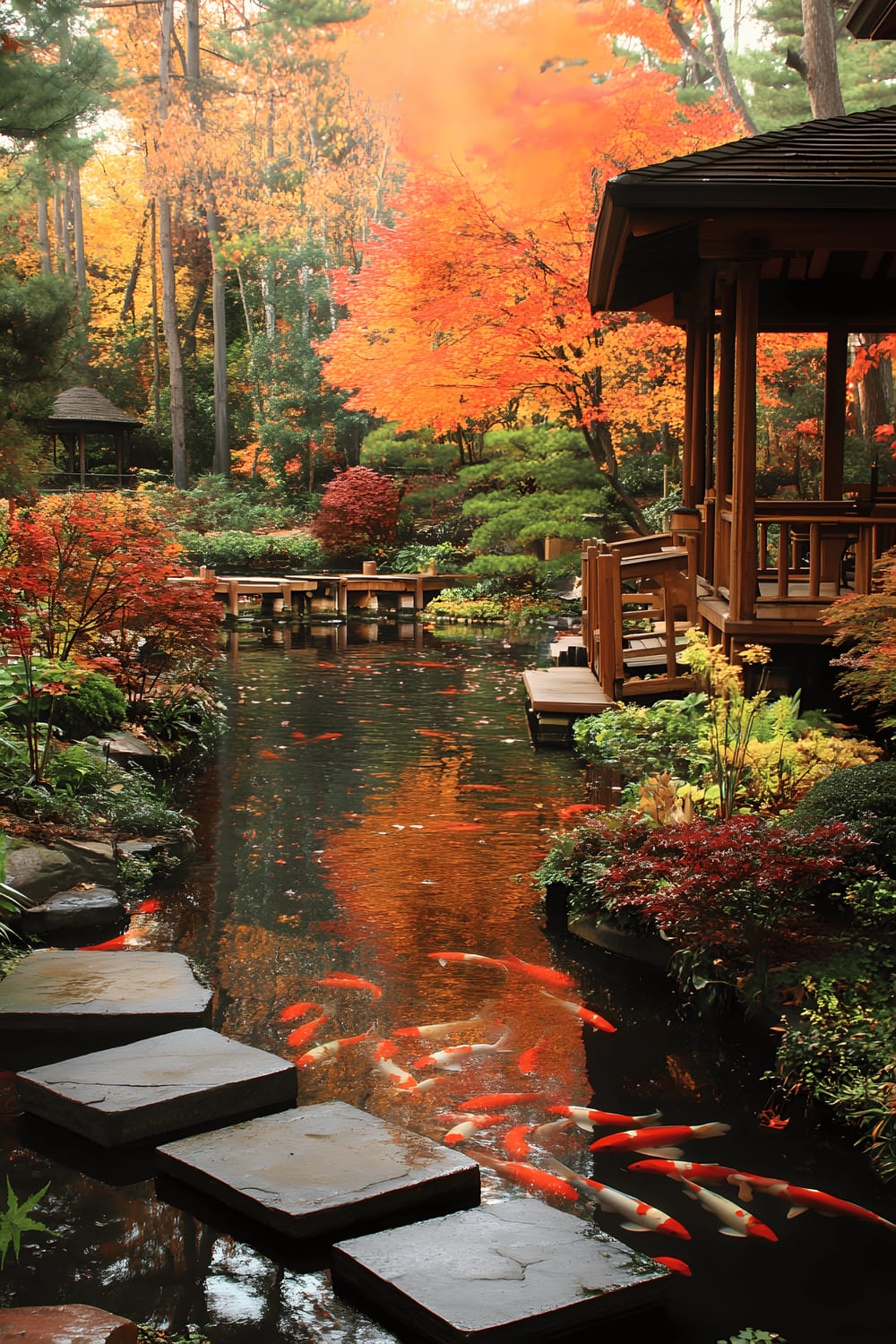 A serene Japanese garden featuring a still koi pond with floating stone steps, reflecting dazzling red and orange maple leaves. The pond is crossed by a delicate wooden bridge with intricate carvings. A soft morning mist mingles with the vivid colors, creating a sense of tranquility and balance.