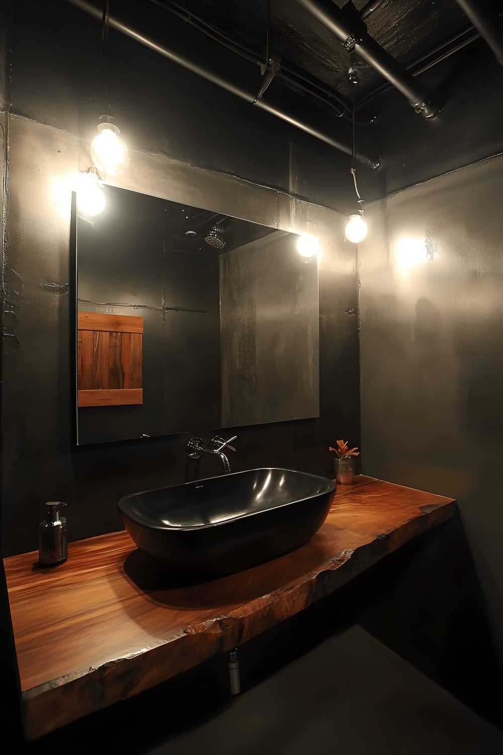 A sleek modern industrial bathroom featuring dark grey concrete walls, black exposed pipes, a large rectangular mirror with minimalistic framing, a black vessel sink on top of a reclaimed wood countertop, and chrome fixtures. The room is illuminated with dramatic overhead lighting, contrasting the raw material aesthetic with the polished surfaces.