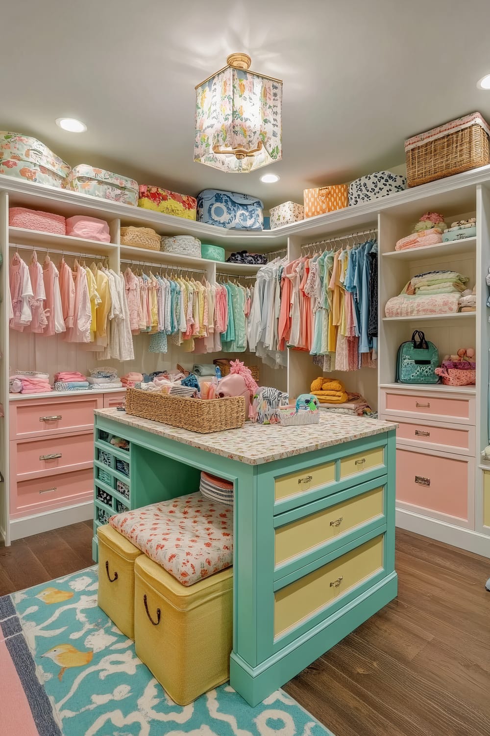 A colorful, child-friendly walk-in closet features pastel cabinetry and a central island with drawers. The closet has open shelves with neatly stacked clothes, shoes, and baskets with fun patterns. Wall decals add playfulness, and the island has a cushioned top for seating.