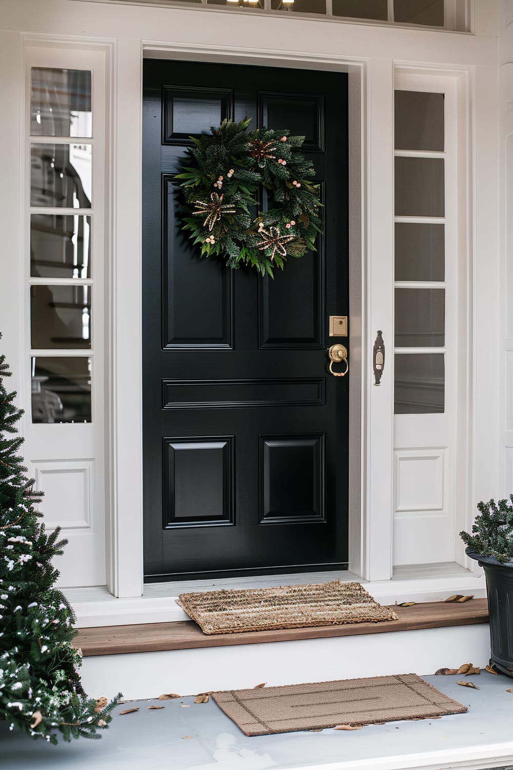 A classic front door painted in a sleek black with decorative paneling. The door is adorned with a lush green holiday wreath featuring berries and pine cones. The entryway is flanked by white paneled sidelights with glass inserts, enhancing the elegant look. A natural fiber doormat rests on the wooden doorstep, leading to a wider, matching mat on the concrete entryway. The entry is bordered by potted greens, partially adorned with snow, and cozy welcome touches.