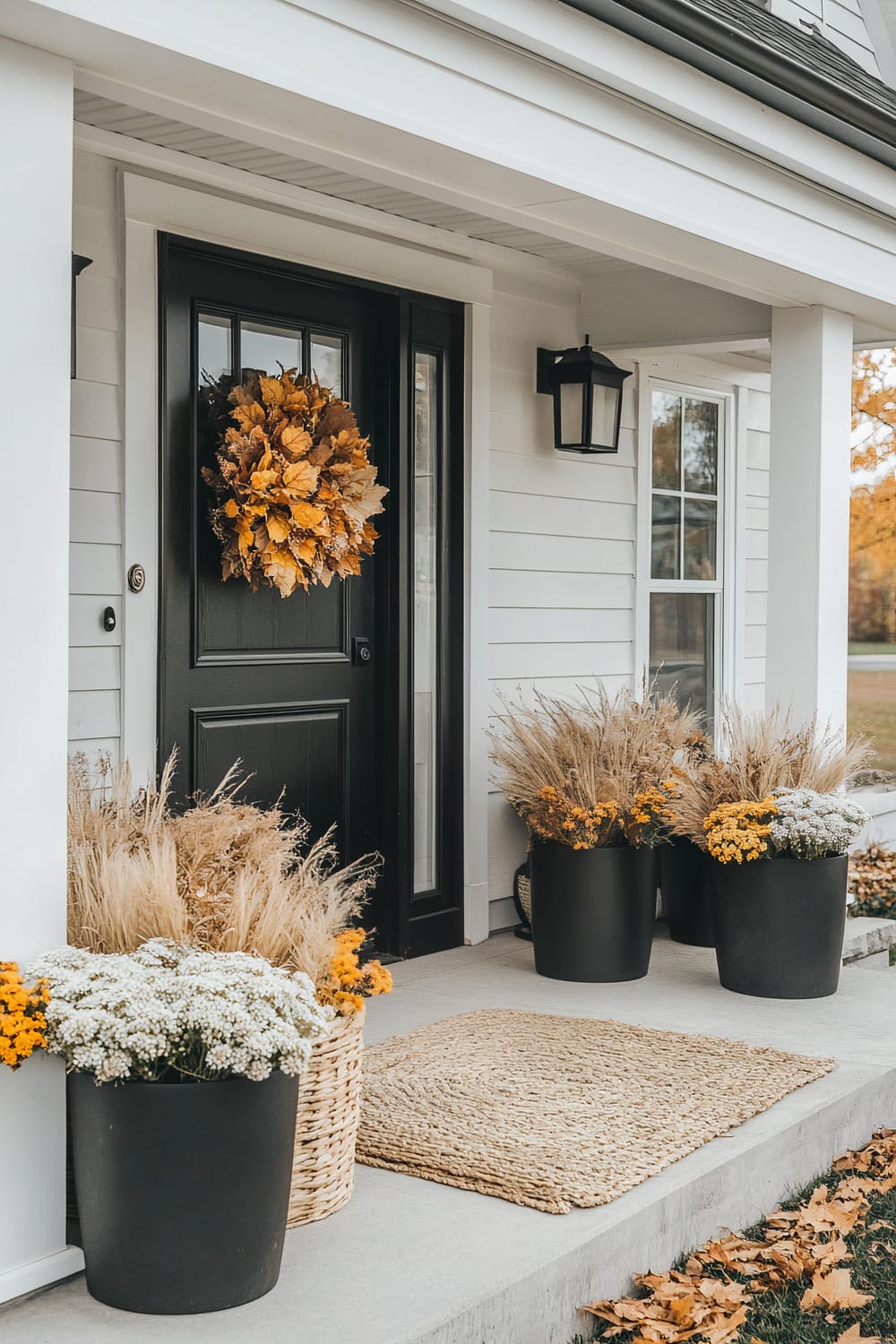 The front porch of a house decorated for autumn. A black door features a wreath made of golden leaves. Adjacent to the door are several black pots and one wicker basket filled with a mixture of dried grasses and autumn flowers in yellow and white. The porch has a woven doormat, and two black wall lanterns flank the door. The siding is white with horizontal paneling.