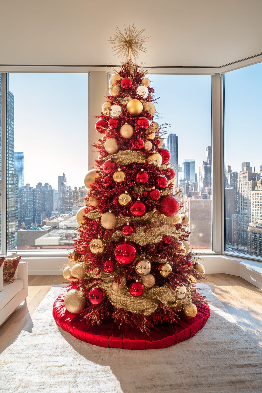 A richly adorned Christmas tree stands tall in a luxurious city apartment with large windows offering a panoramic view of the urban skyline. The tree is decorated with an array of red and gold ornaments of various sizes, coupled with golden tinsel and a sparkling gold star topper. The tree skirt is a deep red, complementing the festive theme. Natural light from the expansive windows illuminates the room, highlighting a white rug and the hardwood floor beneath the tree. A portion of a white couch with decorative pillows is visible to the side.