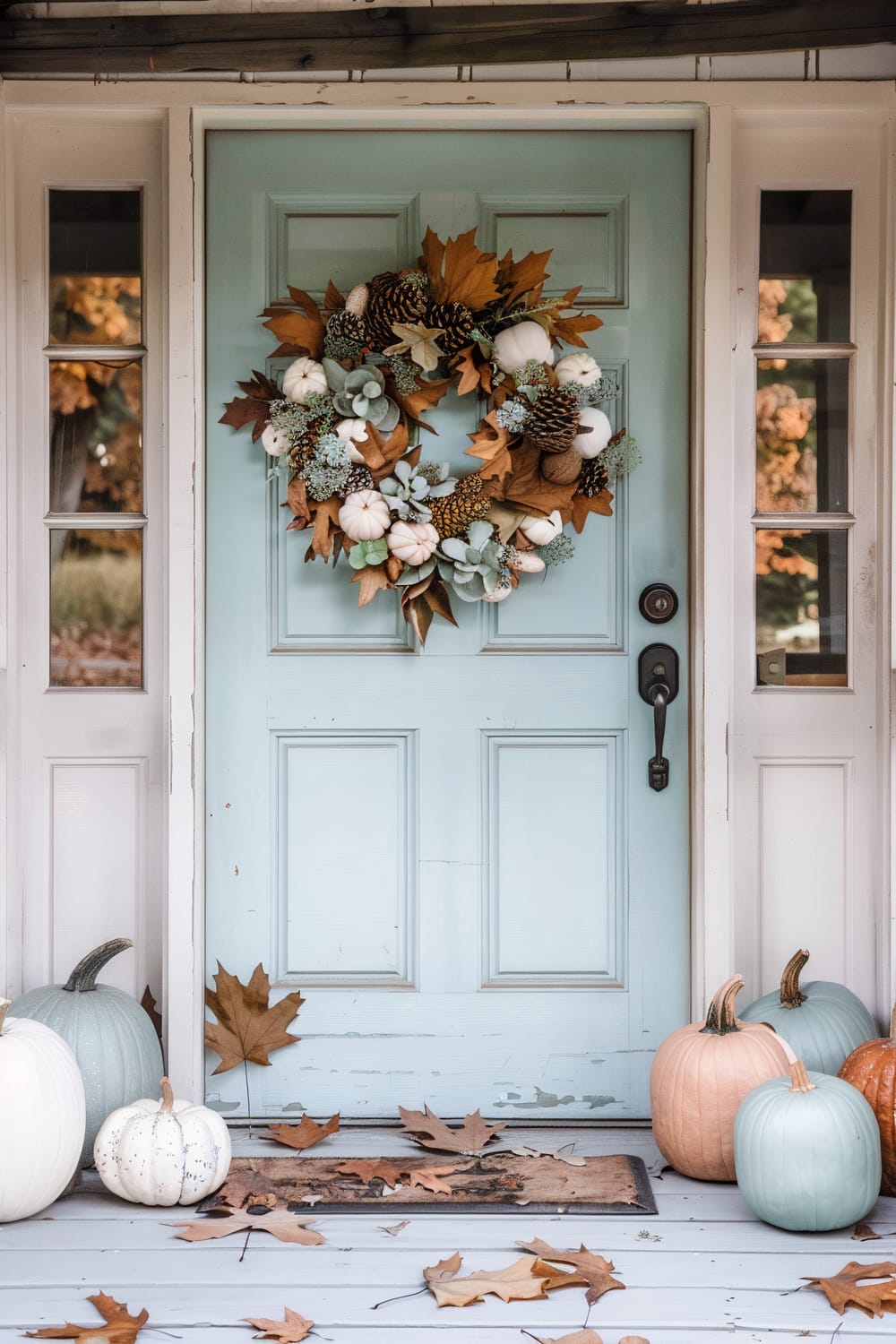 A light blue door adorned with an autumn-themed wreath composed of small white pumpkins, pine cones, and dried leaves. The porch features pumpkins in pastel shades of blue, white, and orange, with scattered dry leaves adding to the fall ambiance.