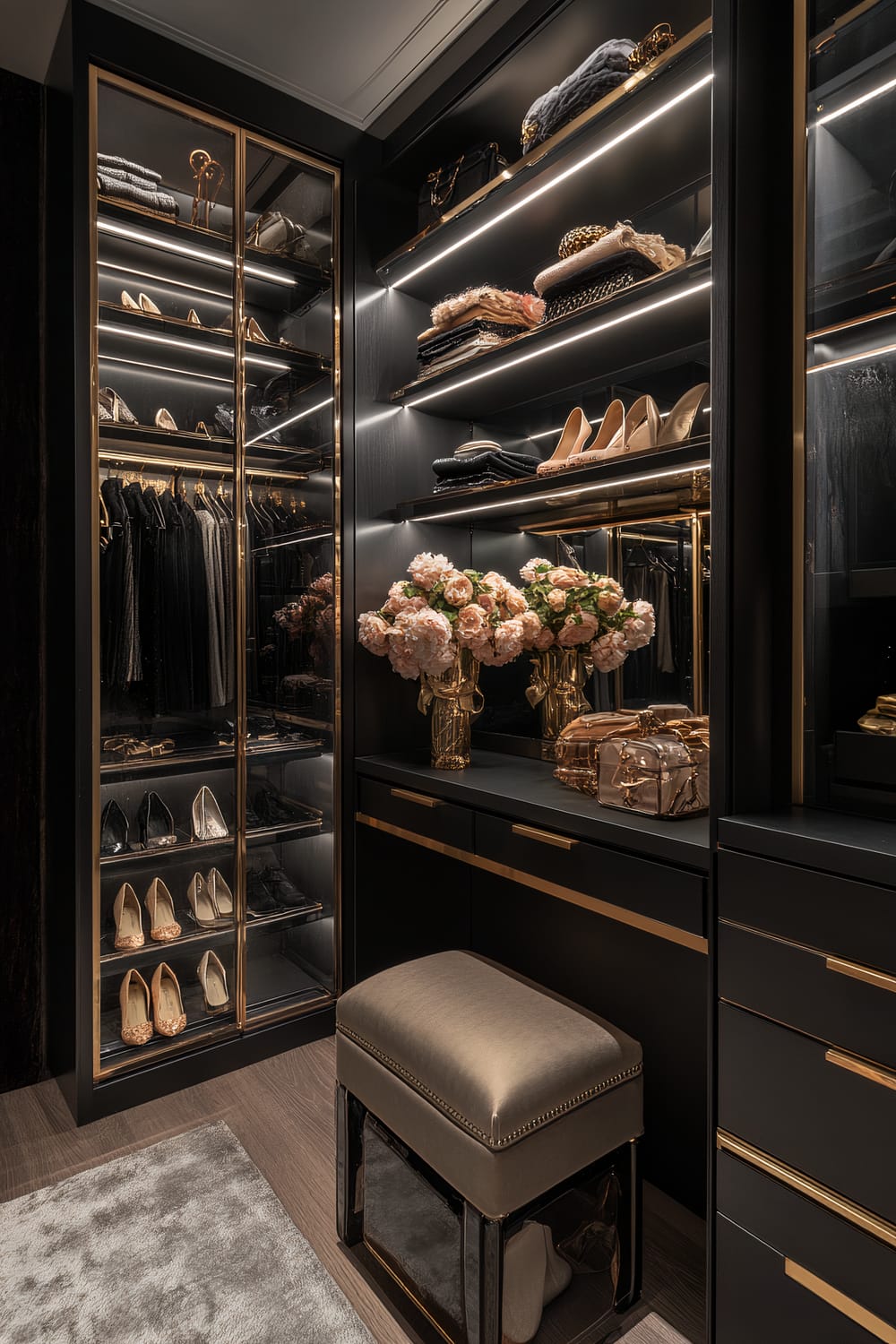 An extravagant, sophisticated walk-in closet featuring dark wood cabinetry with gold accents. Illuminated shelves display neatly arranged luxury items, including handbags, shoes, and neatly folded tops. On a countertop, two ornate vases with plush pink flowers add a touch of elegance. In front, a plush bench with nailhead trim sits on a sleek, light-colored rug, enhancing the opulent atmosphere.