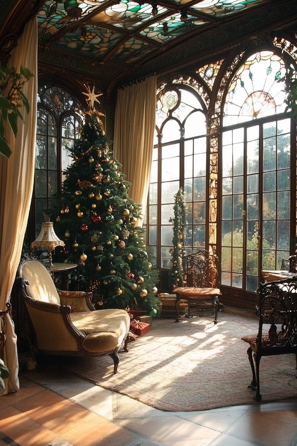 An elegant conservatory from the 1920s decorated for Christmas. The room features a lush green Christmas tree adorned with gold and red ornaments standing next to a vintage-style upholstered settee. Natural sunlight streams through large stained glass windows, casting light on ornate wrought iron furniture and flowing curtains.