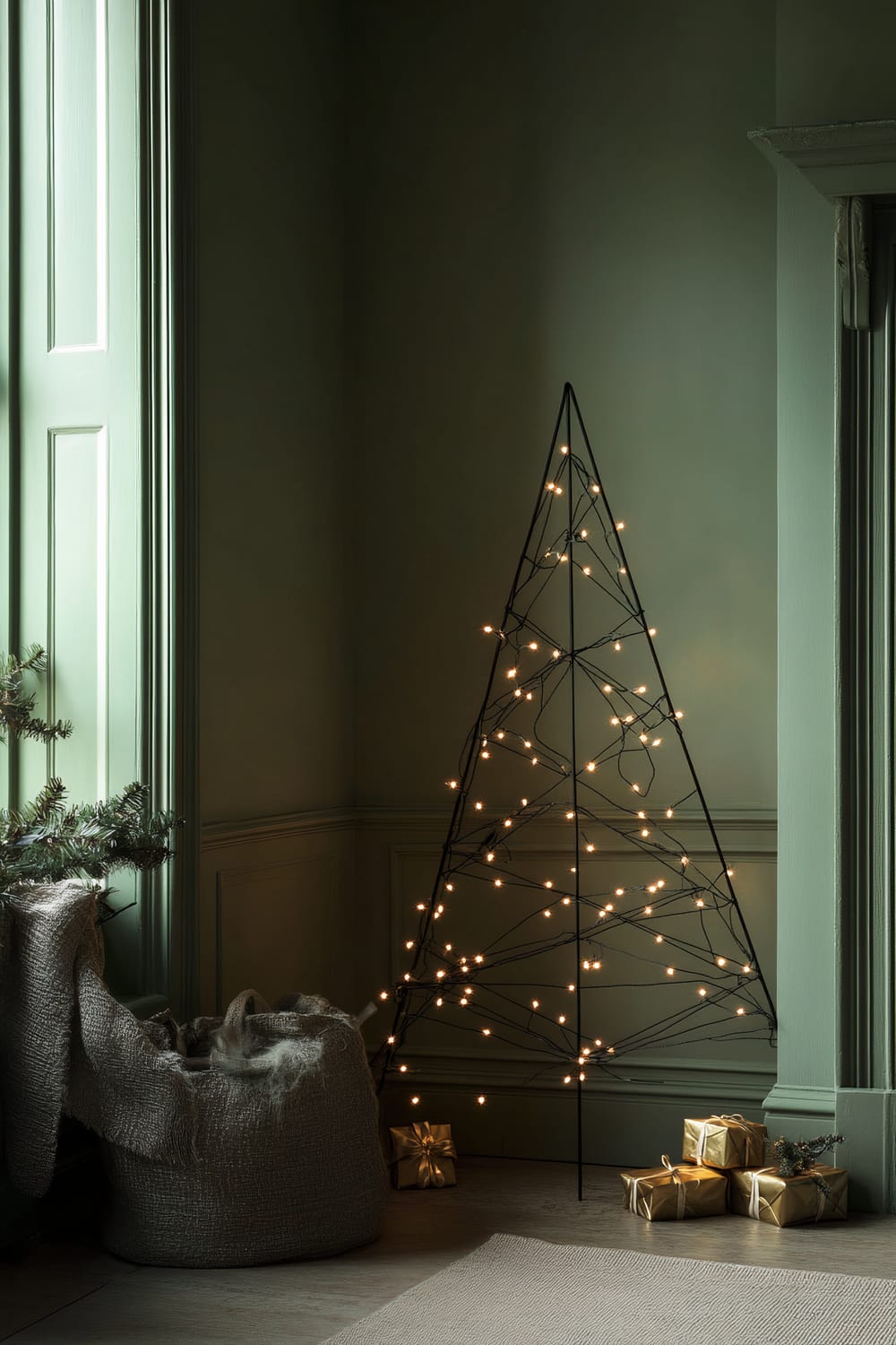 A minimalist holiday scene features a simple, black, wireframe Christmas tree with small, twinkling yellow lights is positioned in the corner of a room. The room's walls are painted in a muted green color. Near the tree, there is a textured, grey fabric basket with blankets. Several golden wrapped gifts are placed on the floor, contributing to the festive atmosphere.