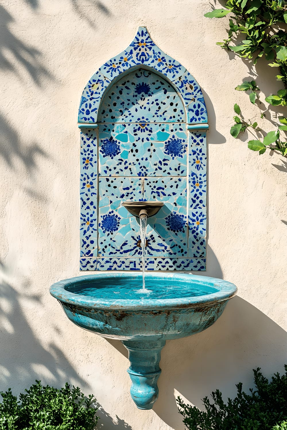 An azure blue Mediterranean fountain, with complex tile design, is positioned against a smooth white stucco courtyard wall. The light of the sun reflects brilliantly off the water in the fountain.