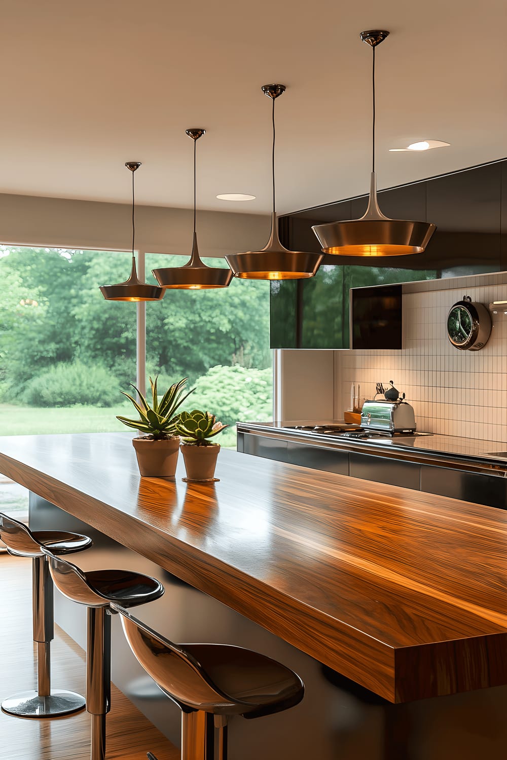 A mid-century modern style kitchen featuring a walnut countertop island with chrome bar stools. Overhead, geometric metal pendant lights cast a subdued illumination. The island is decoratively adorned with a vintage rotary phone and a potted succulent, highlighting character and personality in the trendy interior space.