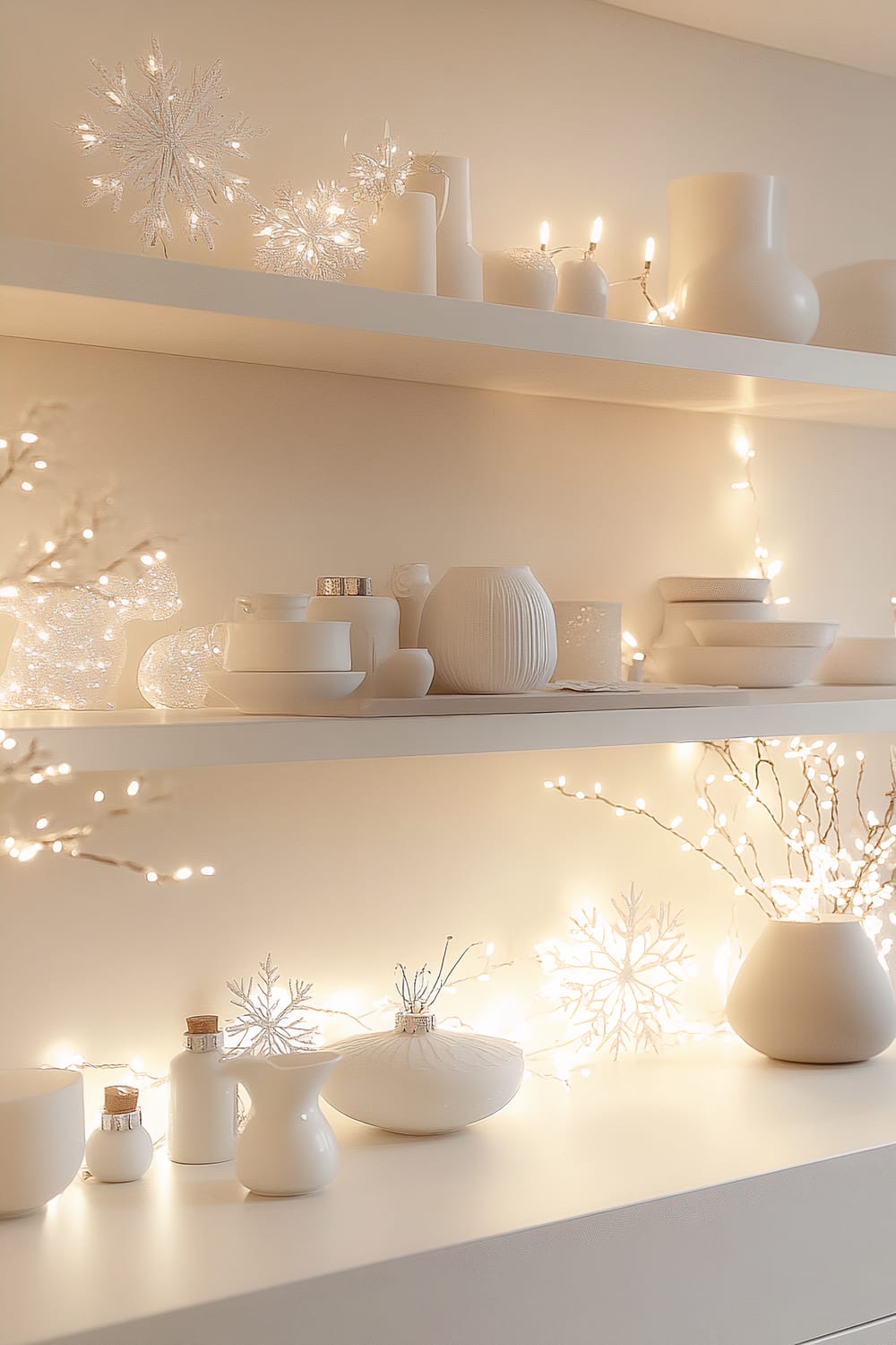 A modern living room with neutral tones featuring a sleek white shelving unit adorned with white twinkle lights. The shelves hold various minimalistic white decor items, including snowflake ornaments and white ceramic figurines. The scene is softly lit by warm overhead lighting, creating a clean and festive holiday atmosphere.