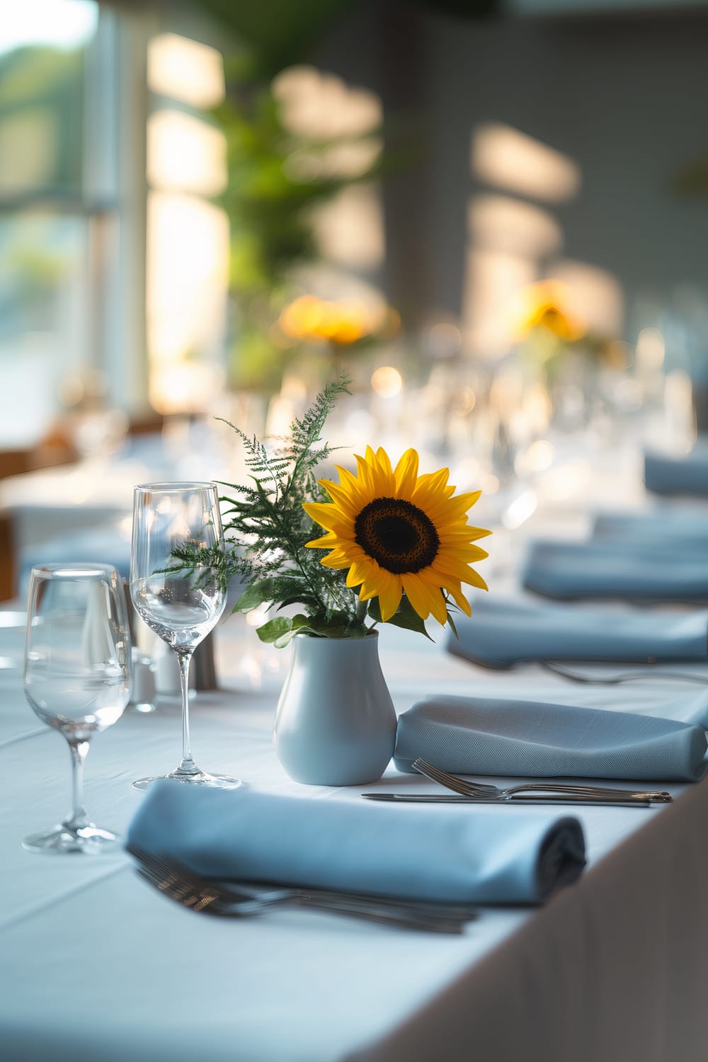 A beautifully set dining table featuring white tablecloths and blue napkins neatly rolled and placed beside cutlery. The table has a simple yet elegant arrangement with wine glasses and vases of bright yellow sunflowers accompanied by green foliage. Sunlight streams in through large windows, creating a warm, inviting atmosphere with soft shadows.