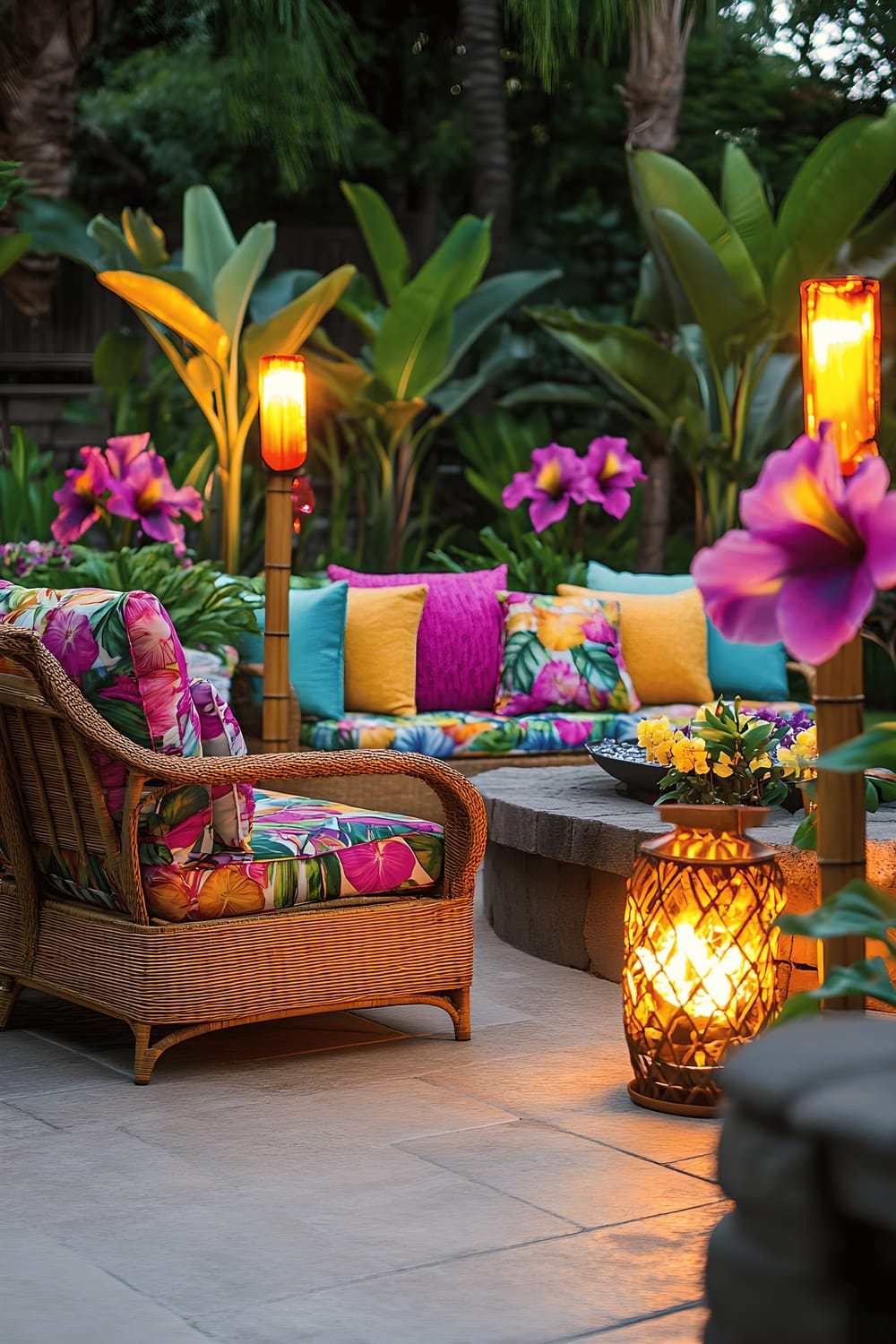 A vibrantly decorated outdoor patio with a Hawaiian luau theme. The setting includes bamboo furniture adorned with colorful and tropical-print cushions. Large hibiscus and plumeria flowers are arranged in decorative vases, and tiki torches are lined along the perimeter of the patio. The ambiance of the setting is highlighted by a central fire pit, creating a warm atmosphere during a beautiful sunset.