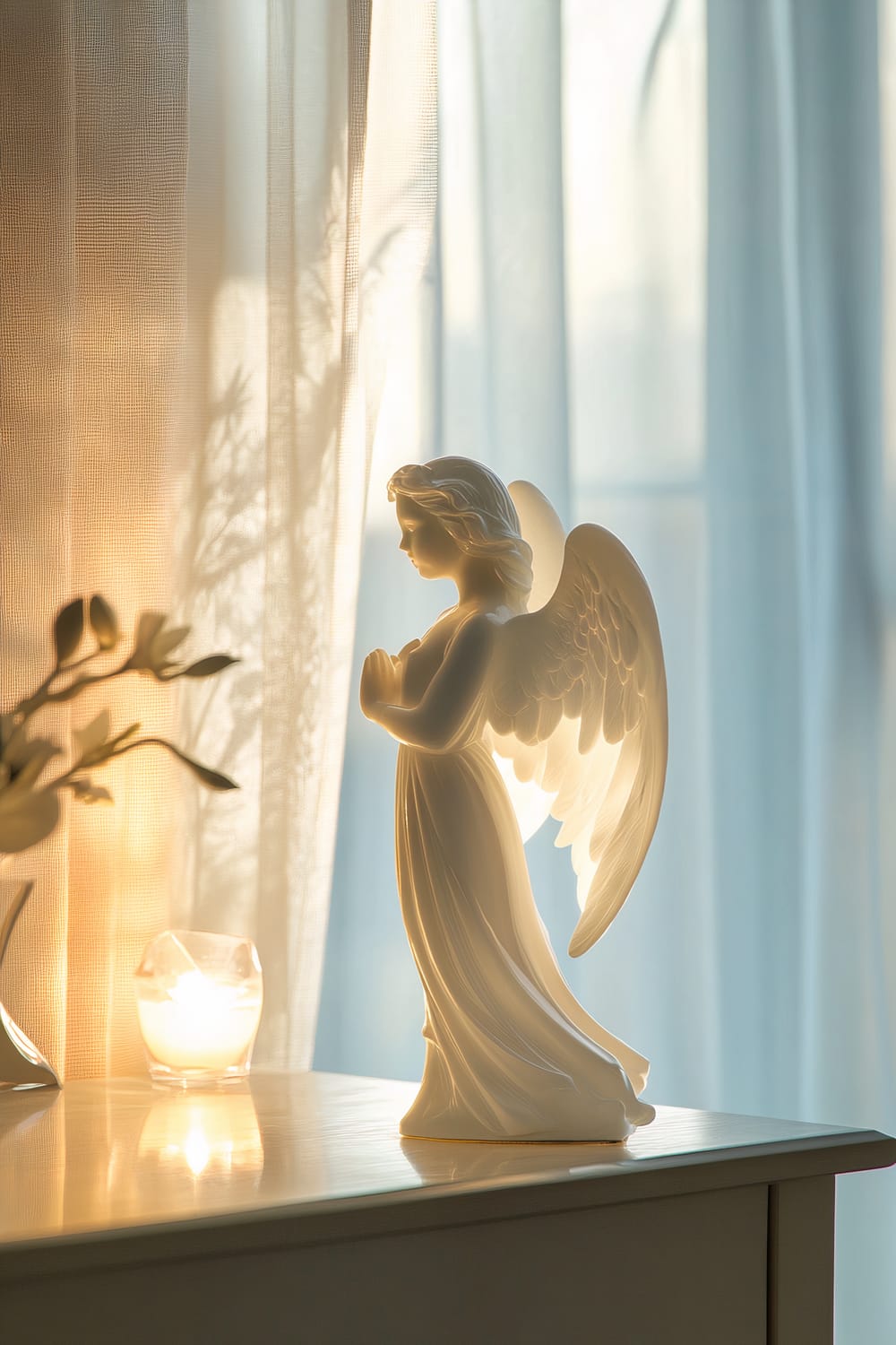 A white porcelain angel figurine is placed on a vanity table. Natural light from sheer curtains softly illuminates the scene, creating a serene and elegant atmosphere. Next to the figurine, there is a small candle holder with a lit candle. A delicate branch with a few leaves is also visible on the table.