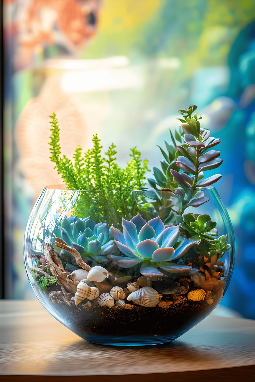 A glass terrarium filled with vibrant blue and green succulents, small seashells, and driftwood pieces are placed on a minimalist wooden table. The background features a colourful underwater mural lit by soft, natural light from a large window.