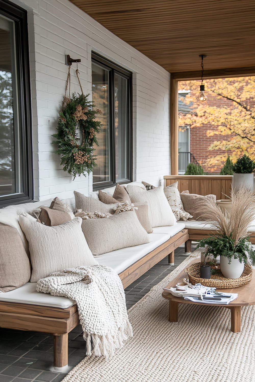 A well-decorated porch with wooden furniture, including a long bench adorned with beige and cream pillows and a throw blanket. A wooden coffee table features a rattan tray with a potted plant, assorted items, and books. A wreath hangs on a white brick wall beneath framed windows, while the ceiling is lined with wooden planks. Large glass doors and a scenic view of fall foliage complete the setting.