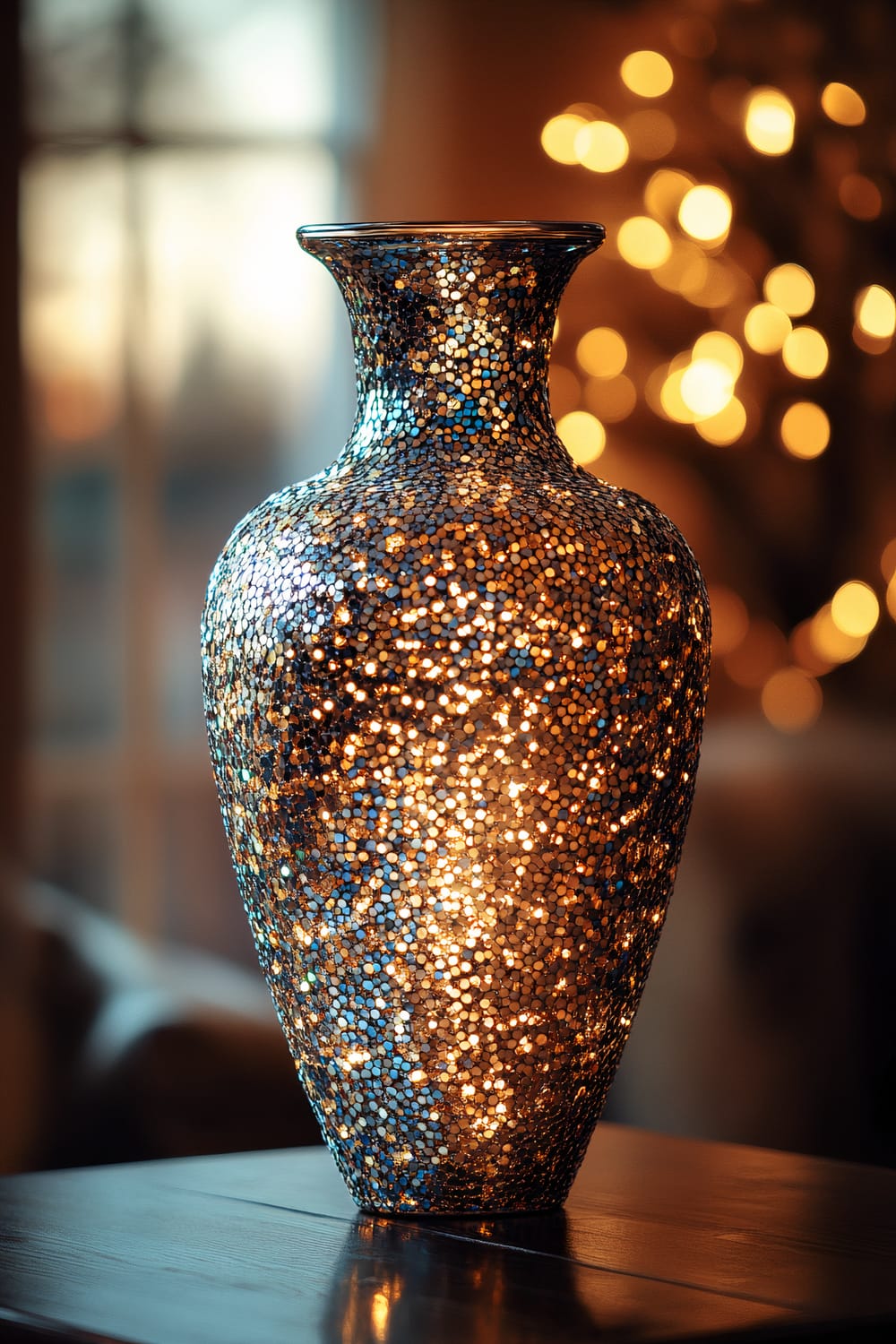 A tall, elegant vase covered in shimmering gold and silver beads stands on a dark wooden table with a blurred, warm-toned room in the background.