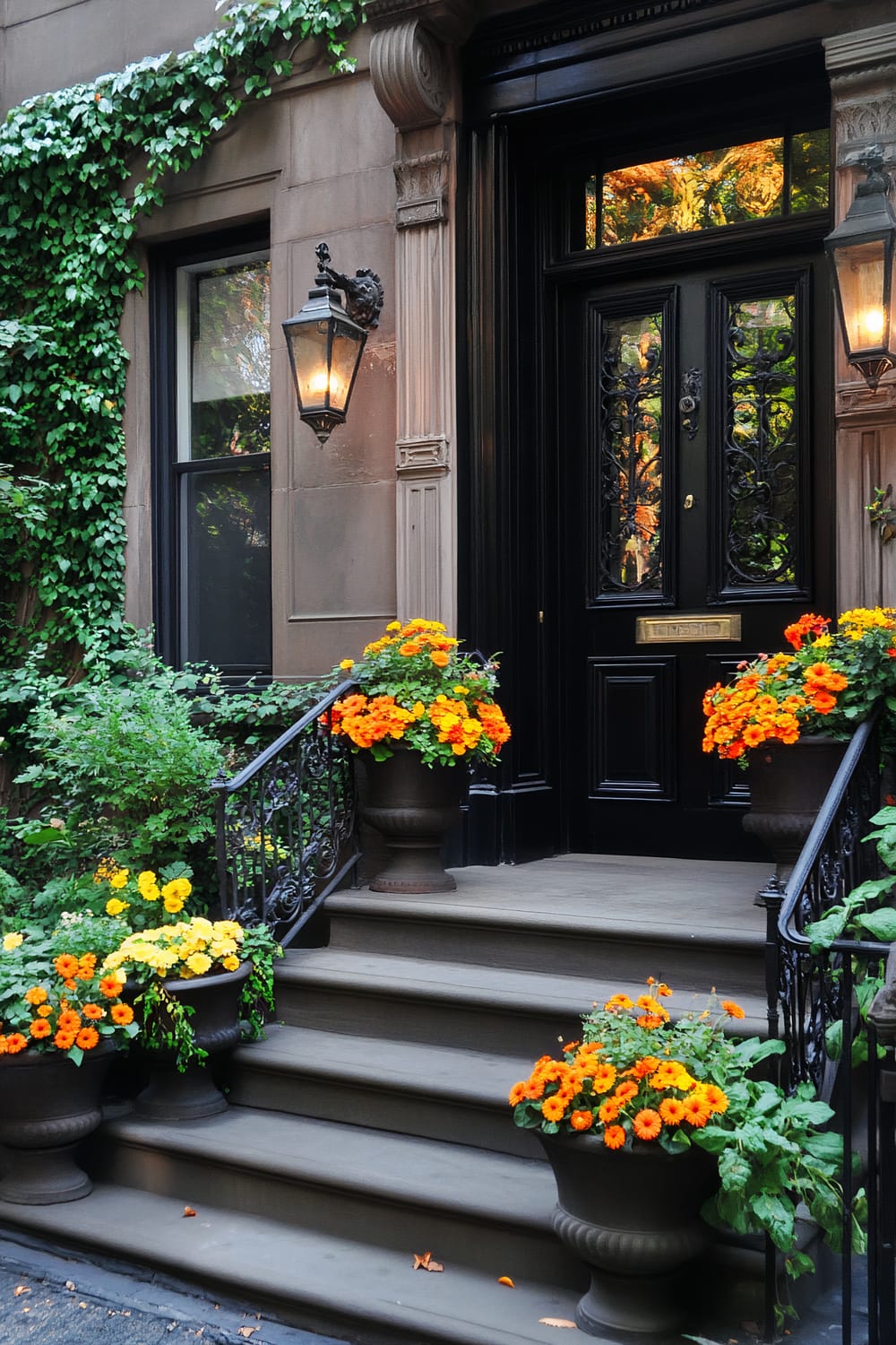 A front entrance of a building with black double doors and elaborate ironwork. The door frames are ornate, and two classic lantern-style lights are mounted on either side. The steps leading up to the entrance are flanked by lush green plants and large pots filled with vibrant orange and yellow flowers. Ivy climbs the building's exterior walls, adding to the charming, natural aesthetic.