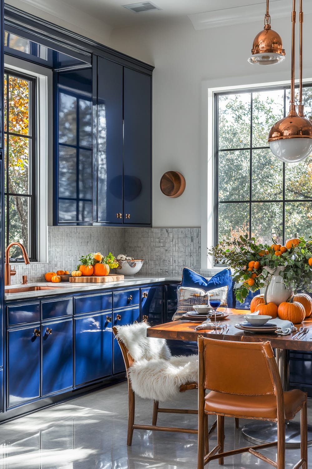 A modern kitchen with dark blue cabinets, marble countertops, and a light grey backsplash. Copper hardware and faucets add a warm tone. A centerpiece of pumpkins and flowers adorns the dining table, which is set with blue and white tableware, and surrounded by brown leather chairs, one of which has a white faux fur throw.