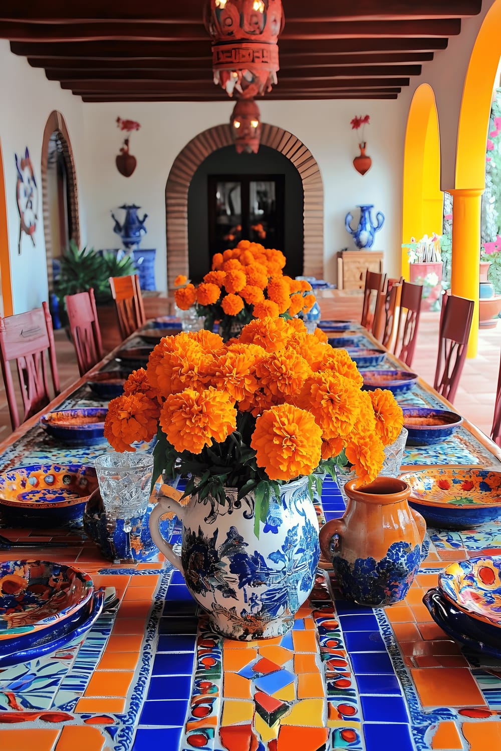 A colorful dining table centerpiece featuring traditional Mexican Talavera tiles arranged in a dynamic pattern and filled with vibrant marigolds. The table is further decorated with assorted colorful pottery pieces, and it is set in a dining room that reflects Mexico City-inspired aesthetics, with bold, patterned textiles, rich colors, and festive lighting throughout.