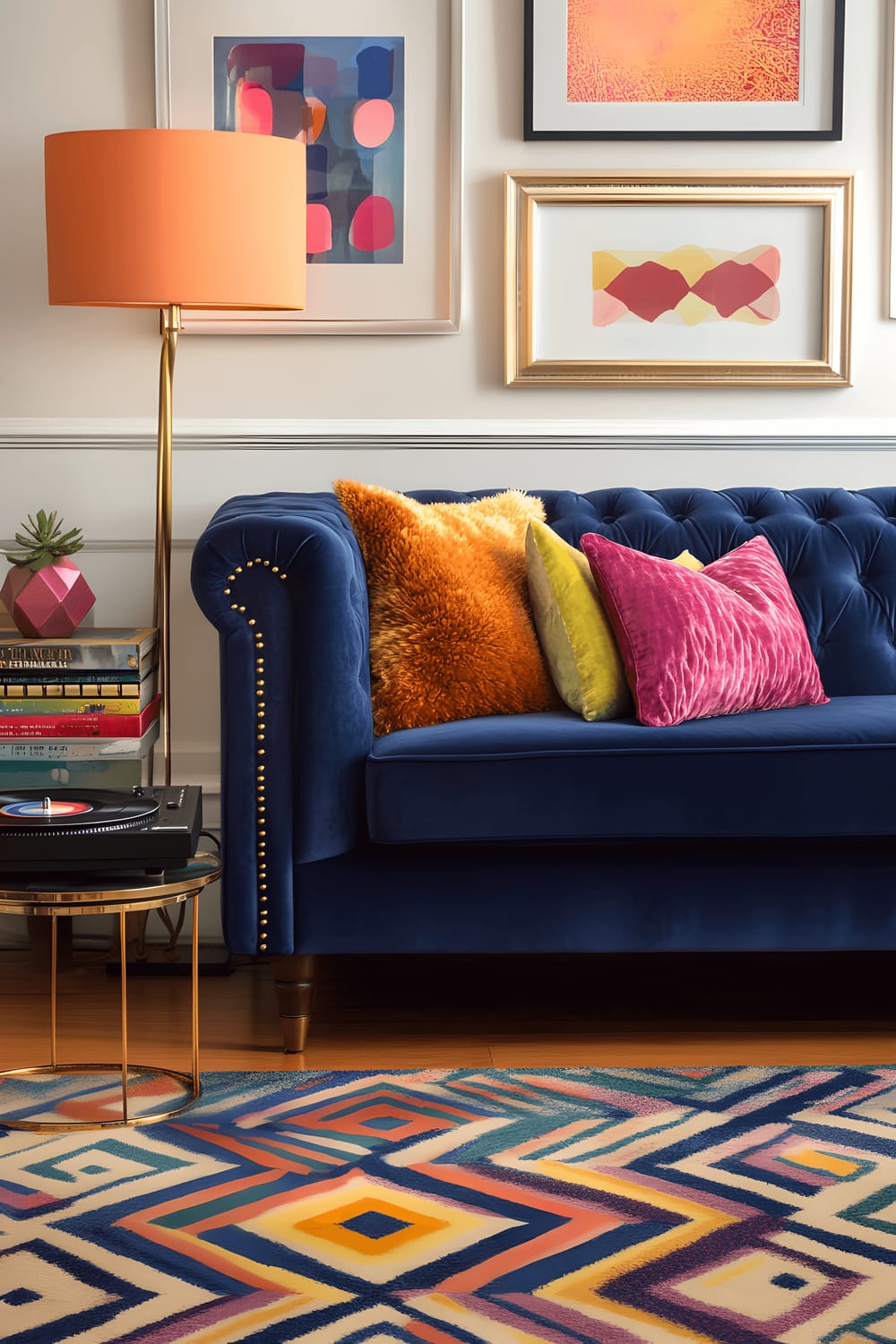 A vibrant living room furnished with retro furniture including a velvet tufted sofa, a vintage record player, and a bold patterned area rug. Scattered around the room are metallic lamp stands, colorful throw pillows, and a collection of succulents in geometric planters. The room is illuminated by multi-source lighting from floor and table lamps.