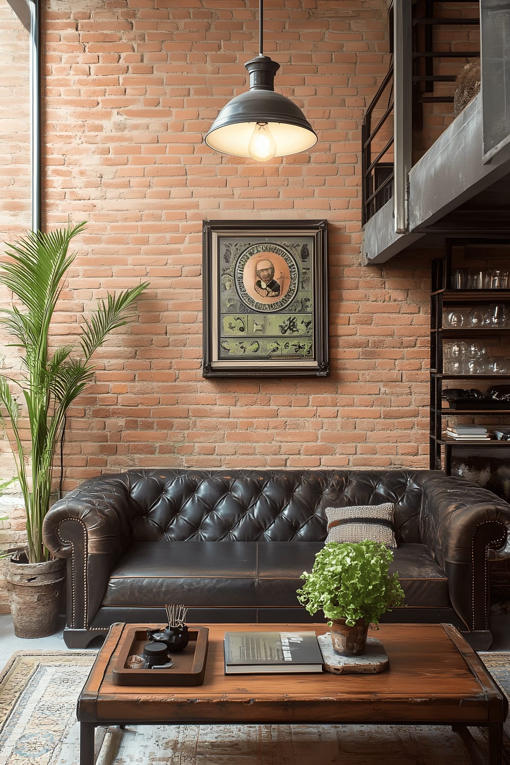 A loft-style living space with character and warmth, featuring exposed brick walls, an aged leather sofa, a unique industrial style pendant light with an Edison bulb hanging from the ceiling. The room is further complemented by a reclaimed wood coffee table and modern black metal shelving stuffed with books and memorabilia.