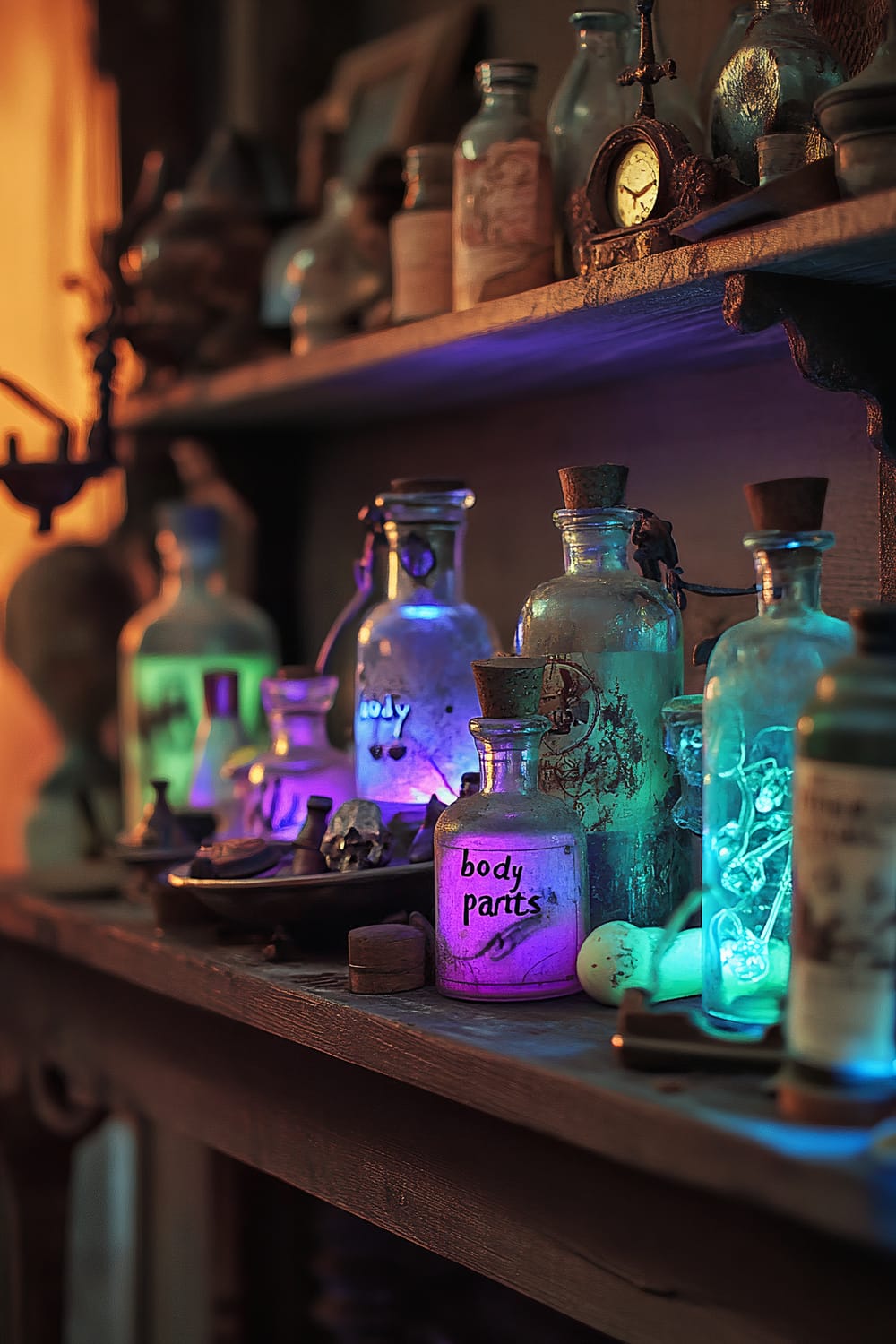 An eerie apothecary scene featuring a collection of vintage glass jars and bottles on a wooden mantle. The bottles are backlit with green and purple LED lights, creating a haunting, glowing effect. Some jars are labeled with spooky contents like "body parts", while others hold various props that resemble potion ingredients. Antique books, a balance scale, and other apothecary tools add to the spooky ambiance.